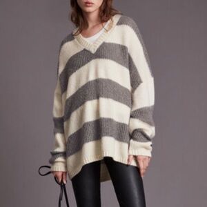 ALLSAINTS Lou Sparkle V-Neck Jumper Cream Silver Metallic Striped Size Small